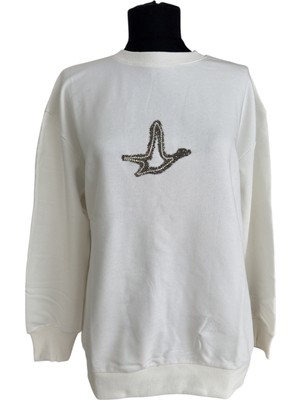 Phuti Kuş Detaylı Ekru Sweatshirt