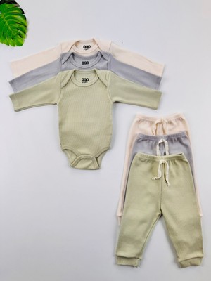 Efu Baby 3'lü %100 Pamuklu Unisex Bebek Body Pantolon Takım Gri Krem Nefti Uzun Kol Çizgili Tasarım