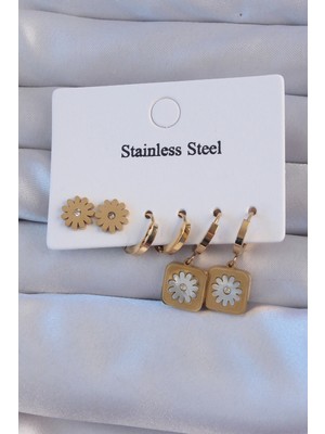 SHC4200 316L Çelik Gold Renk Zirkon Taşlı Sedefli Papatya Model Halka Küpe Seti