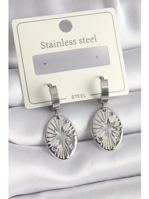 SHC4200 316L Çelik Gümüş Renk Kutup Yıldızı Işleme Kadın Küpe