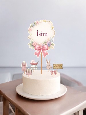 Sinem Gift Baby Shower Pasta Süsü - Baby Shower Süslemeleri - Pembe Doğum Günü Konsepti