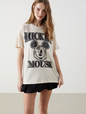 Lc Waikiki Yeni Sezon Bisiklet Yaka Mickey Mouse Baskılı Kadın Tişört