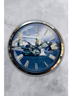 Kasva Concept Hediyelik 40 cm Krom Metal Gelin Damat Duvar Saati