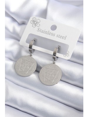 SHC4200 316L Çelik Gümüş Renk Pentagram Işleme Model Kadın Küpe