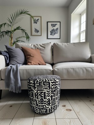 Framgan Prime Dokulu Geometrik Desenli Silindir Puff Lüks Dekoratif Oturma Pufu