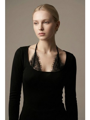 Şiir Dedza Kadın Slim Fit Lux Touch Dantelli Bağlamalı Uzun Kollu Top & Bluz & Gotik Y2K - Siyah