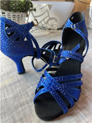 Suna Sax Mavi Incili Salsa, Bacata, Tango, Dans Ayakkabısı 5 cm Kadeh Topuk