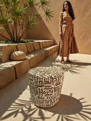 Framgan Prime Dokulu Geometrik Desenli Silindir Puff Lüks Dekoratif Oturma Pufu