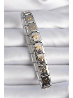 SHC4200 316L Çelik Gümüş Renk Gold Yıldız Işleme Nomination Charm Bileklik