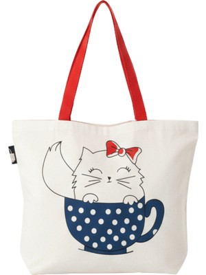 Baghashtag Fincan Kedi Baskılı Beyaz Bez Çanta