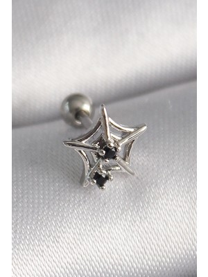 SHC4200 316L Çelik Gümüş Renk Siyah Zirkon Taş Detay Örümcek Ağ Model Tragus Piercing