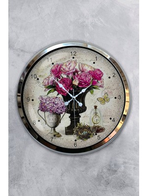 Kasva Concept 40 cm Krom Metal Pembe Çiçek Duvar Saati