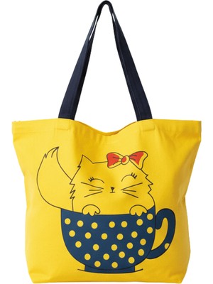 Baghashtag Fincan Kedi Baskılı Sarı Bez Çanta