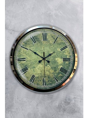 Kasva Concept 40 cm Krom Metal Yeşil Desen Duvar Saati Hediyelik