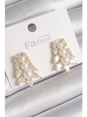 Pirinç Gold Renk Zirkon Taşlı Yaprak Model Inci Detay Kadın Küpe - Lisinya