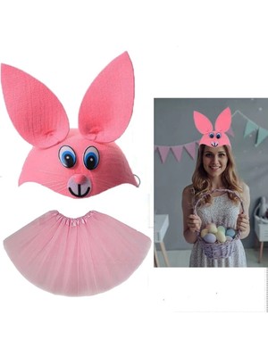 No 35 Moda Tavşan Kostümü Pembe - 23 Nisan Tavşan Şapka ve Tütü Etek Seti 2 Parça