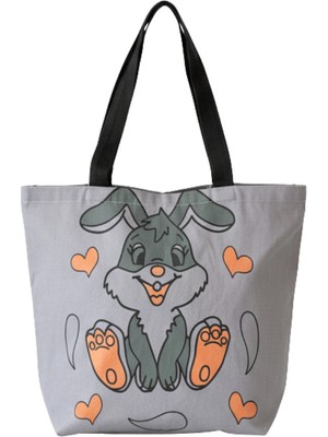 Baghashtag Sevimli Tavşan Baskılı Gri Bez Çanta