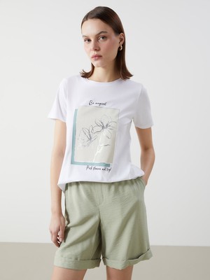 Lc Waikiki Yeni Sezon Bisiklet Yaka Baskılı Kadın Tişört