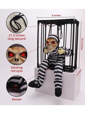 No 35 Moda Hareketli Sesli Sensörlü Mahkum Görünümlü Kuru Kafa Iskelet Dekorasyon 22X27 cm