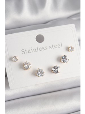 SHC4200 316L Çelik Gold Renk Zirkon Taşlı Kalp Model Kadın Küpe Seti