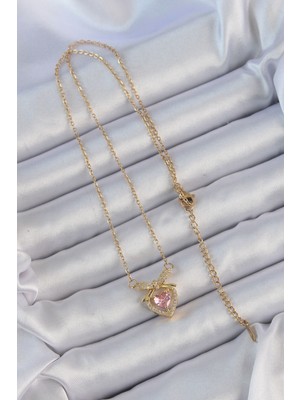 316L Çelik Zincir Altın Renk Pembe Zirkon Taşlı Fiyonklu Kalp Kolye - Lisinya