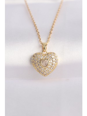 316L Çelik Zincir Altın Renk Zirkon Taşlı Kalp Kolye - Lisinya