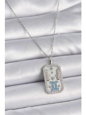 316L Çelik Gümüş Renk Zincir Ikizler Burcu Zirkon Taşlı Kadın Kolye - Lisinya