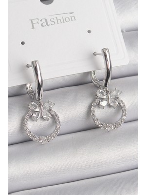 Pirinç Gümüş Renk Zirkon Taşlı Kelebek Figür Sallantı Detay Kadın Küpe - Lisinya