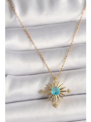 316L Çelik Gold Renk Zincir Mavi Taş Detaylı Kuzey Yıldız Model Kadın Kolye - Lisinya