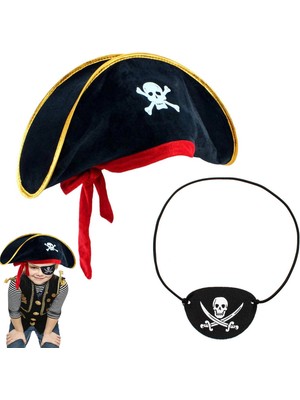 No 35 Moda Çocuk Kadife Korsan Şapka &amp; Vinleks Deri Göz Bandı Seti