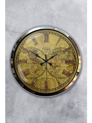 Kasva Concept Hediyelik 40 cm Krom Metal Maps Duvar Saati