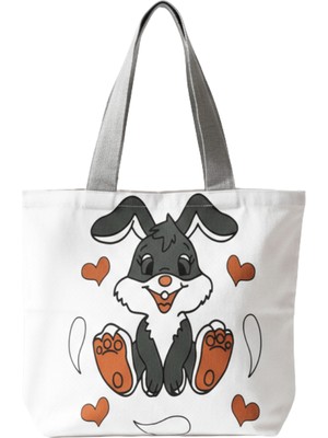 Baghashtag Sevimli Tavşan Baskılı Beyaz Bez Çanta