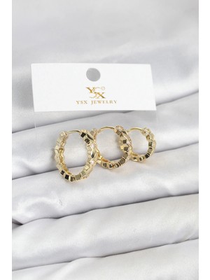 SHC4200 Pirinç Gold Renk Zirkon Taşlı Petek Halka Model Ysx Trio Küpe Seti