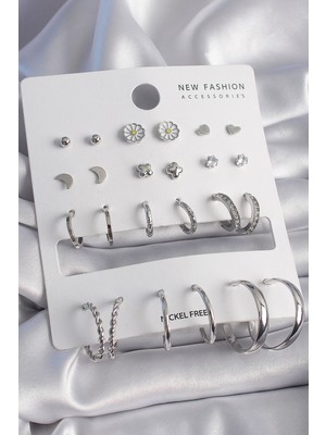 Pirinç Gümüş Renk Papatya Detaylı 12 Çift Kadın Küpe Seti - Lisinya