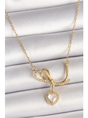 316L Çelik Gold Renk Zincir Zirkon Taşlı Düğüm Sallantı Kalp Model Kadın Kolye - Lisinya