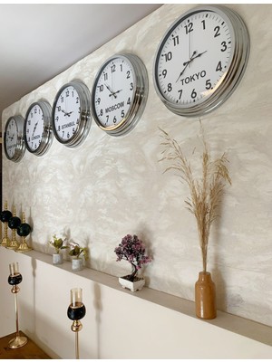 Kasva Concept Ülke Saatleri Klasik Duvar Saati 40 cm Krom Metal 5’li Seti