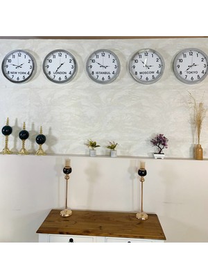 Kasva Concept Ülke Saatleri Klasik Duvar Saati 40 cm Krom Metal 5’li Seti