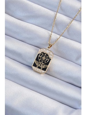 SHC4200 316L Çelik Zincir Altın Renk Işlemeli Siyah Mineli Tarot Kolye