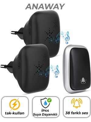 Anaway Shopping Kablosuz Kapı Zili, Pilsiz Kablosuz Zil,kapı Zili Uzaktan Kumandalı,zil, Kablosuz Ev Zili Seti, Su Geçirmez, Kablosuz Ev Zili, 500 Metre Menzil, 38 Zil Sesi, 4 Ses Seviyesi ve LED Flaş, Siyah