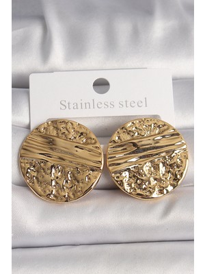 Pirinç Gold Renk Işlemeli Daire Plaka Model Kadın Küpe - Lisinya