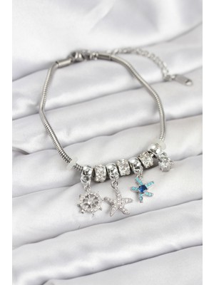 Pirinç Gümüş Renk Deniz Tema Charmlı Kadın Bileklik - Lisinya