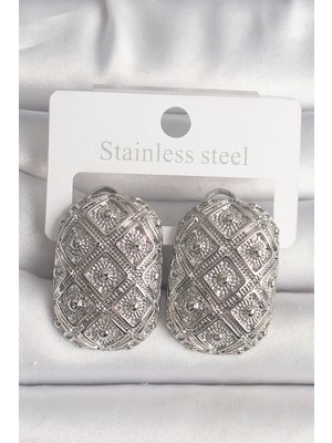 Pirinç Gümüş Renk Motif Işlemeli Kadın Küpe - Lisinya