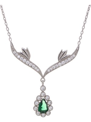 Nagiss Yeşil Damla Zirkon Taşlı 925 Ayar Gümüş Melek Kanatlı Model Kadın Kolye