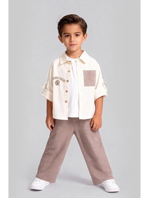 Magu Erkek Çocuk Pamuklu Bej Cepli Gömlekli Takım – Kısa Kollu Gömlek, T-Shirt ve Pantolon