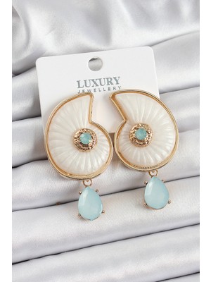 Pirinç Sedef Deniz Kabuğu Figürlü Zirkon Taşlı Gold Renk Kadın Küpe - Lisinya