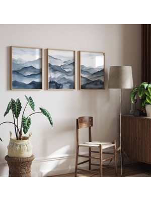 Pam Studio Mavi Gri Tonlarında Manzara Desenli 3’lü Tablo Seti – Modern Minimal Duvar Dekoru