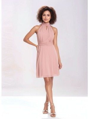 Mamayaga Kadın Pudra Şifon Yakası Pencere Detay Spor Şık Abiye Elbise