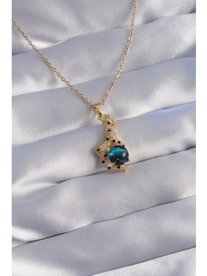 316L Çelik Zincir Gold Renk Zirkon Taşlı Panter Figürlü Gezegen Kolye - Lisinya