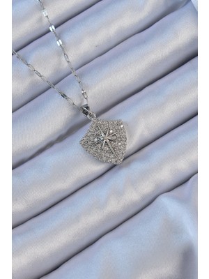 316L Çelik Zincir Gümüş Renk Zirkon Taşlı Kutup Yıldızı Kolye - Lisinya