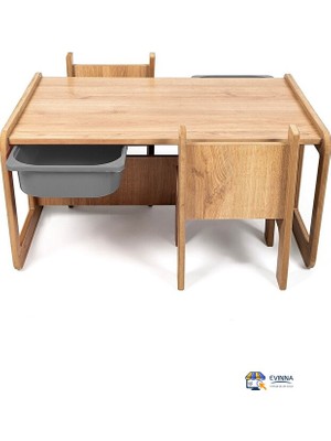 Evinna 2 Kişilik Çocuk Masası – Ceviz Mdf - Gri Çekmeceli